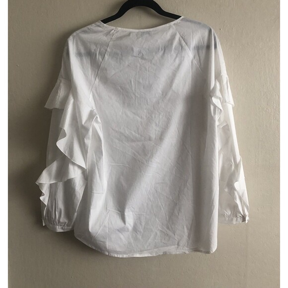 Splendid Crewneck Button-placket Ruffle-sleeve Poplin Shirt In White Size Large - Picture 8 of 11